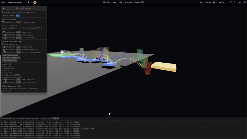 Ghost replays and sampled trajectory lines from RL training on the medium bunnyhop course
